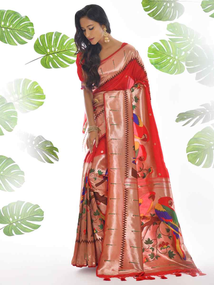 Red Paithani Silk Handwoven Wedding Festival Heavy Border Saree