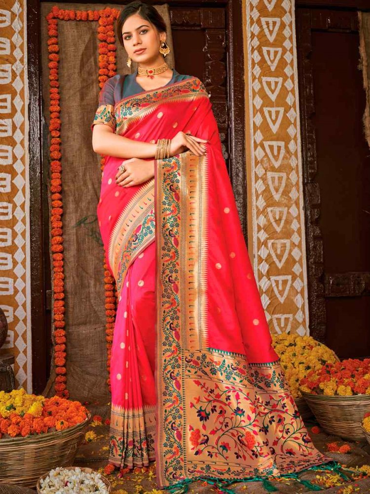 Red Paithani Silk Traditional Party Wedding Festival Heavy Border Saree