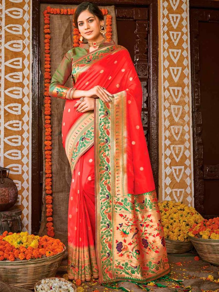 Red Paithani Silk Traditional Party Wedding Festival Heavy Border Saree