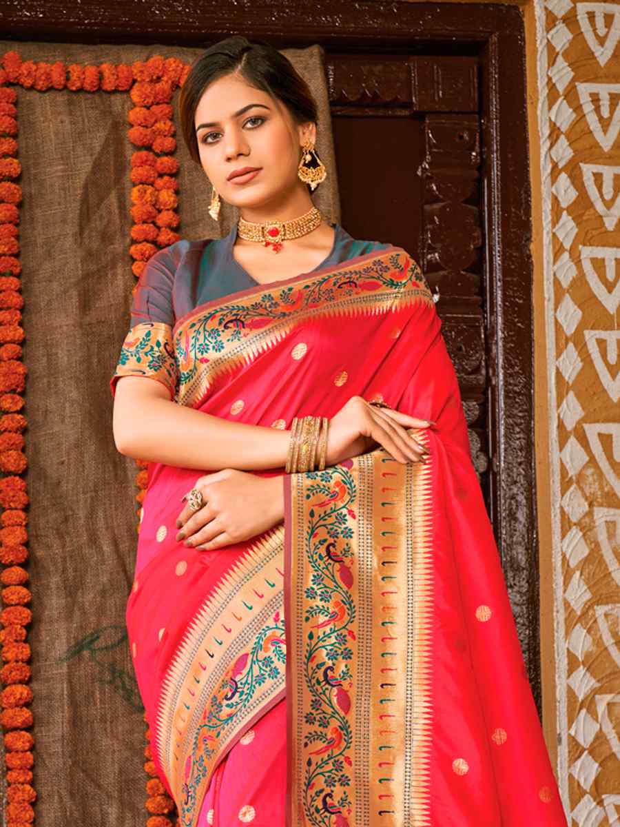 Red Paithani Silk Traditional Party Wedding Festival Heavy Border Saree