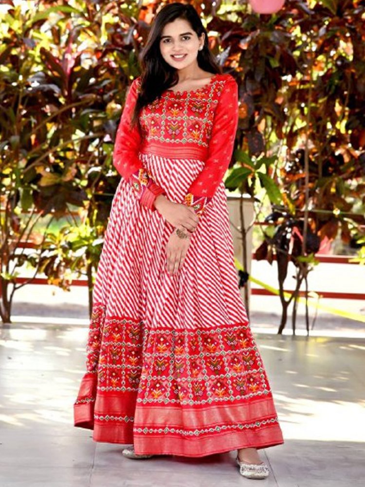 Red Pashmina Silk Printed Festival Casual Gown
