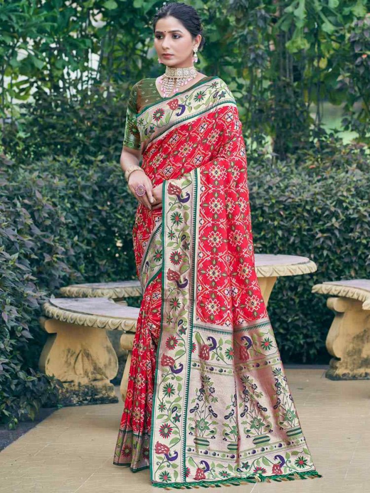 Red Patola Silk Handwoven Wedding Festival Heavy Border Saree