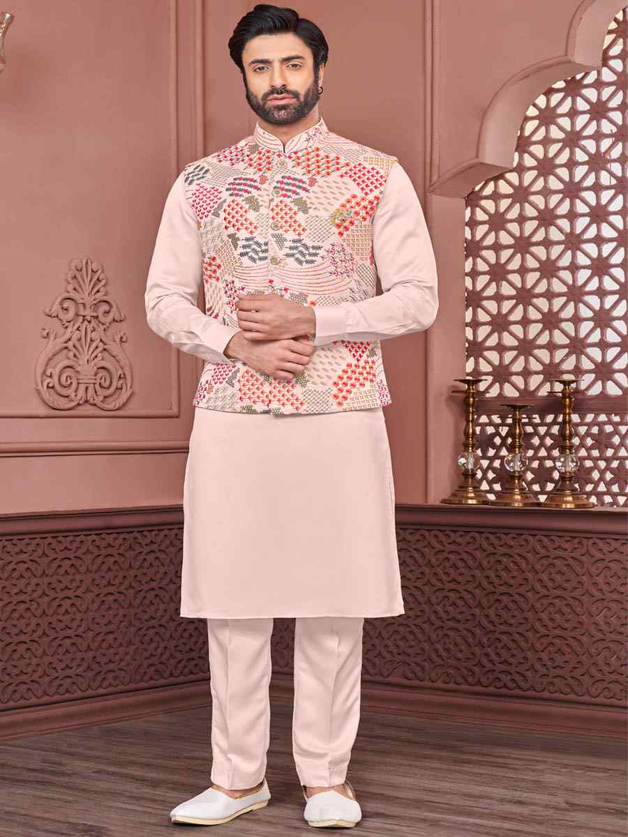 Red Peach Art Banarasi Silk Woven Festival Wedding Kurta