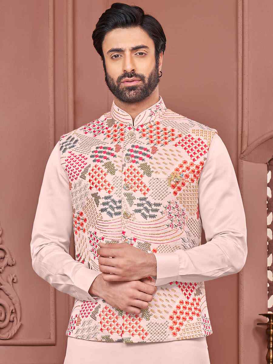 Red Peach Art Banarasi Silk Woven Festival Wedding Kurta
