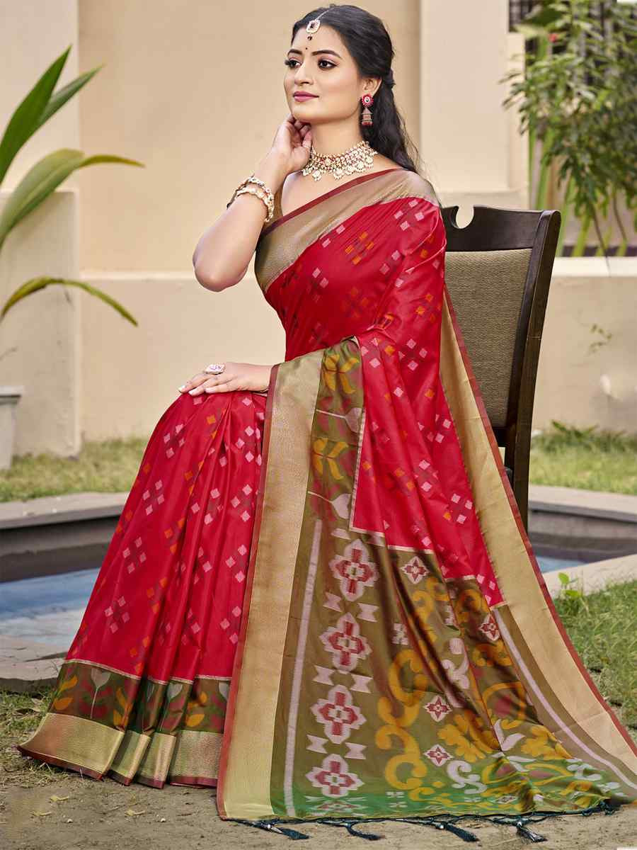 Red Pochampalli Silk Handwoven Festival Wedding Fancy Heavy Border Saree