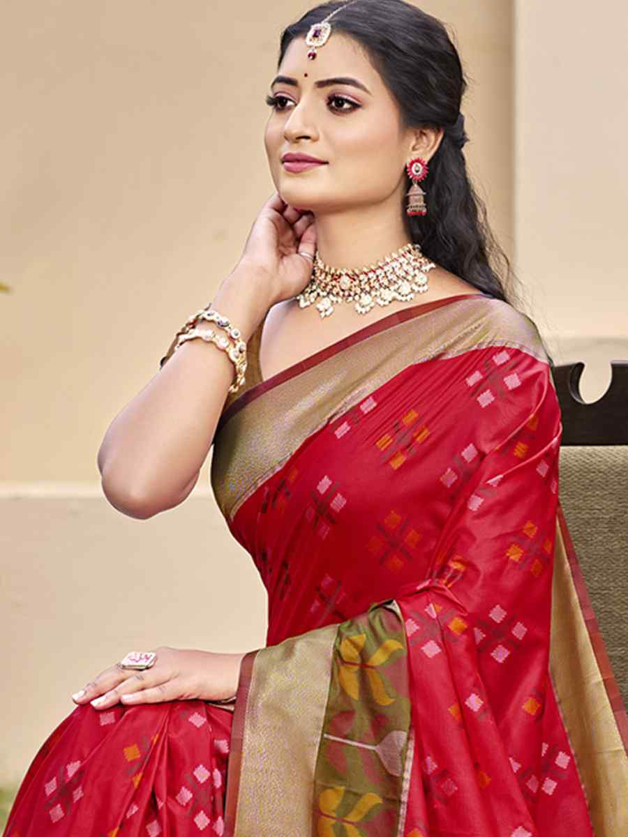 Red Pochampalli Silk Handwoven Festival Wedding Fancy Heavy Border Saree