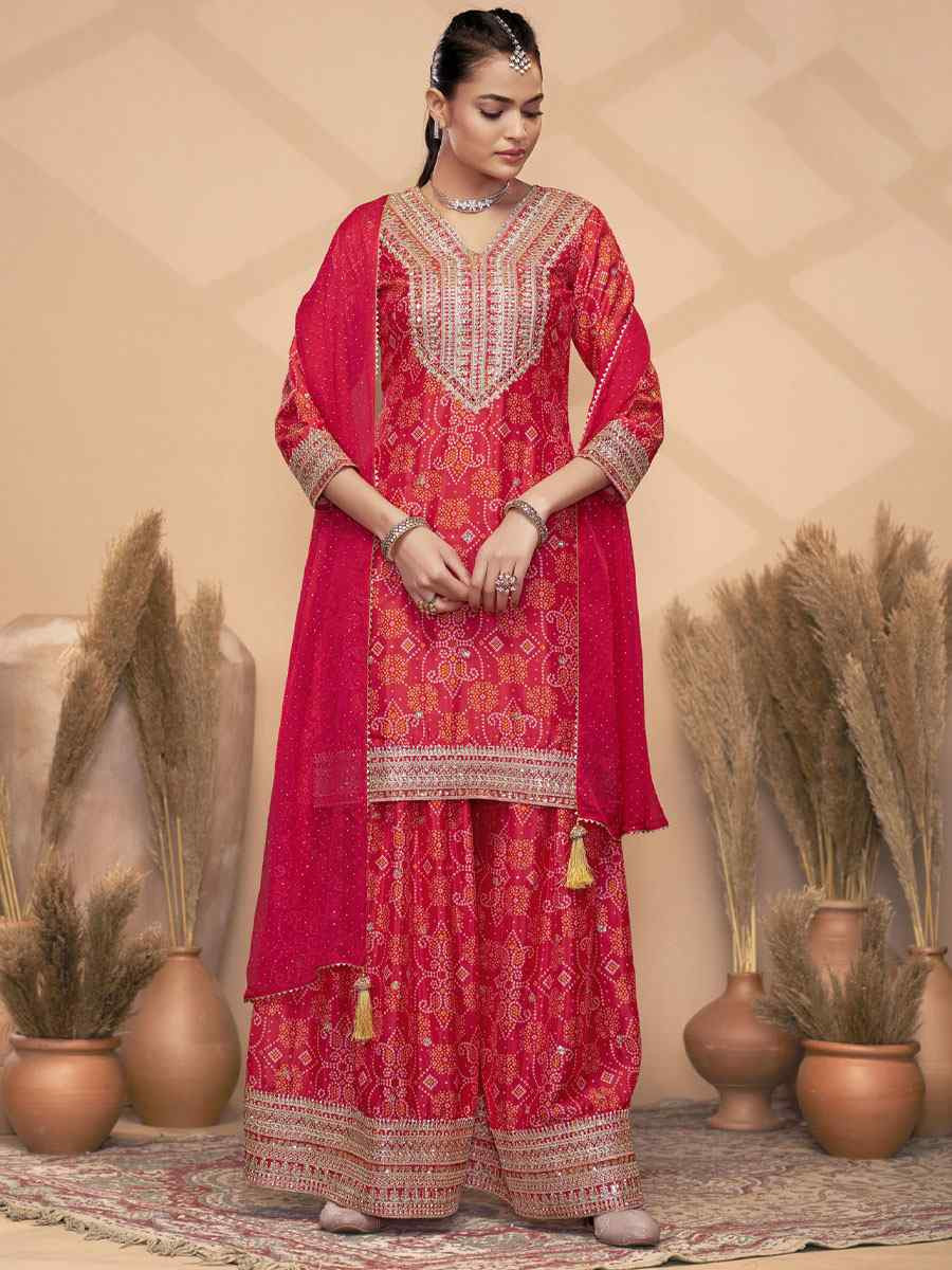 Red Premium  Finest Chinon Printed Embroidery Party Wedding Festival Casual Ready Palazzo Pant Salwar Kameez