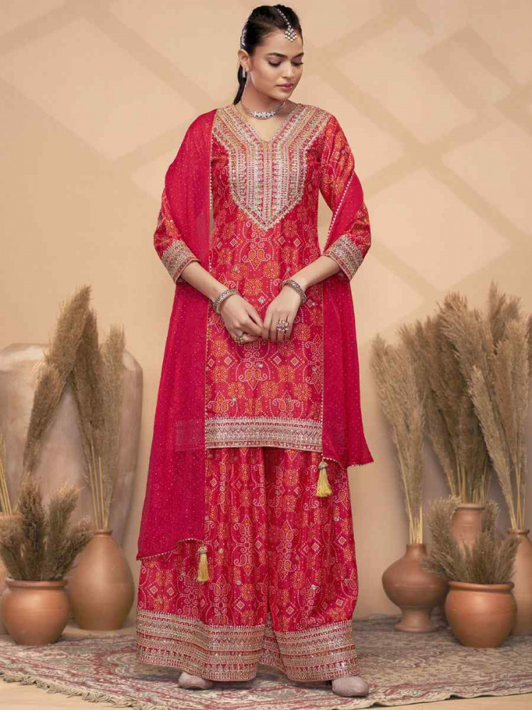 Image of Red Premium &amp; Finest Chinon Printed Embroidery Party Wedding Festival Casual Ready Palazzo Pant Salwar Kameez
