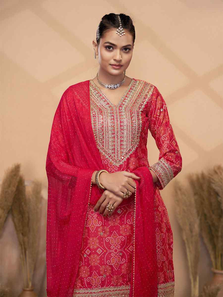 Red Premium Finest Chinon Printed Embroidery Party Wedding Festival Casual Ready Palazzo Pant Salwar Kameez