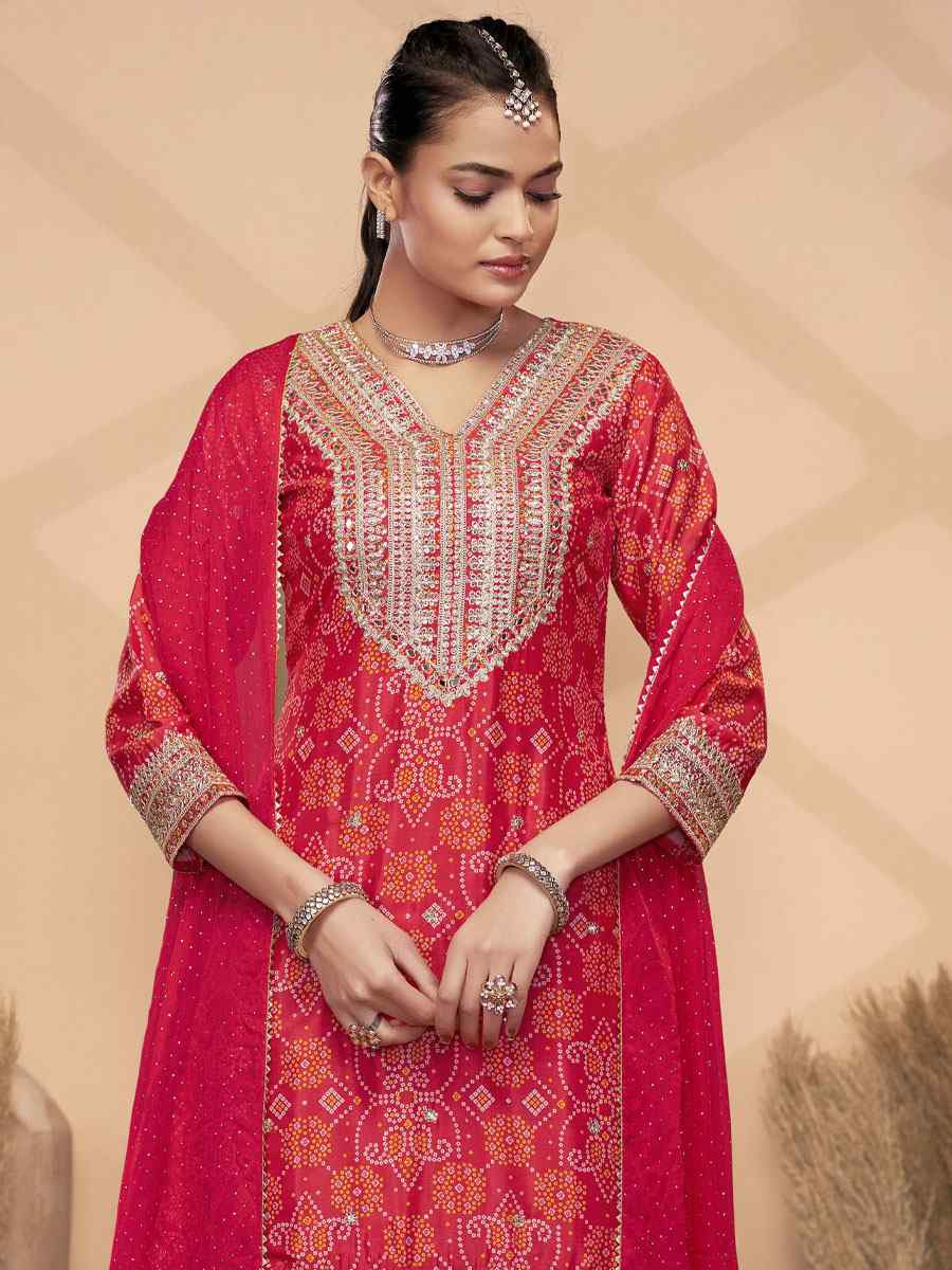 Red Premium Finest Chinon Printed Embroidery Party Wedding Festival Casual Ready Palazzo Pant Salwar Kameez