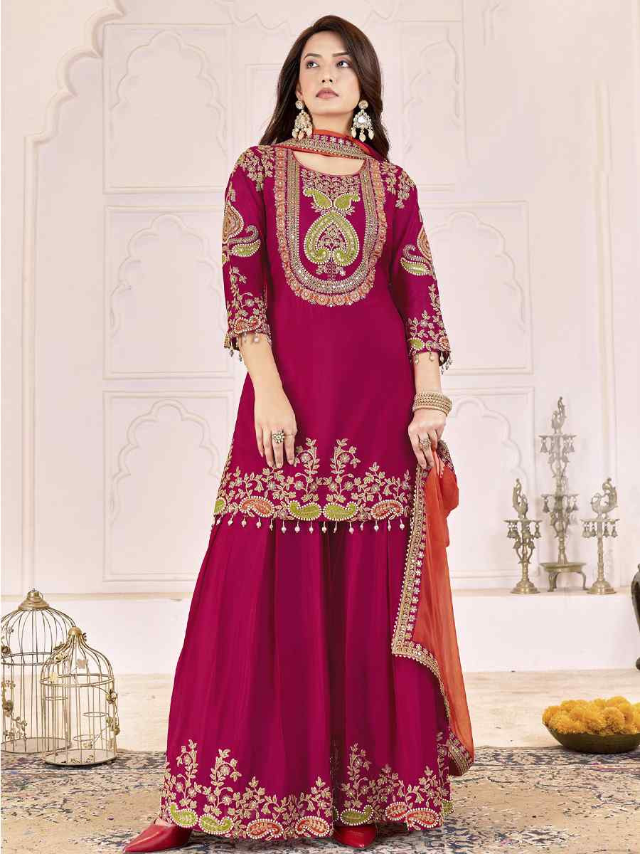 Red Premium Chinnon Embroidery Party Wedding Festival Casual Ready Palazzo Pant Salwar Kameez