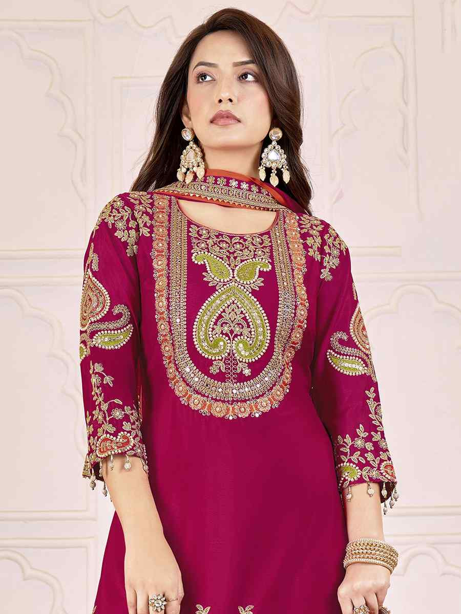 Red Premium Chinnon Embroidery Party Wedding Festival Casual Ready Palazzo Pant Salwar Kameez