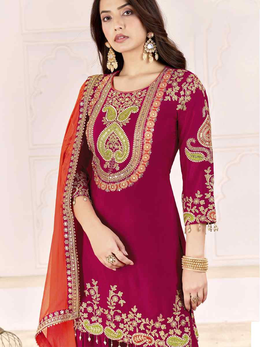 Red Premium Chinnon Embroidery Party Wedding Festival Casual Ready Palazzo Pant Salwar Kameez