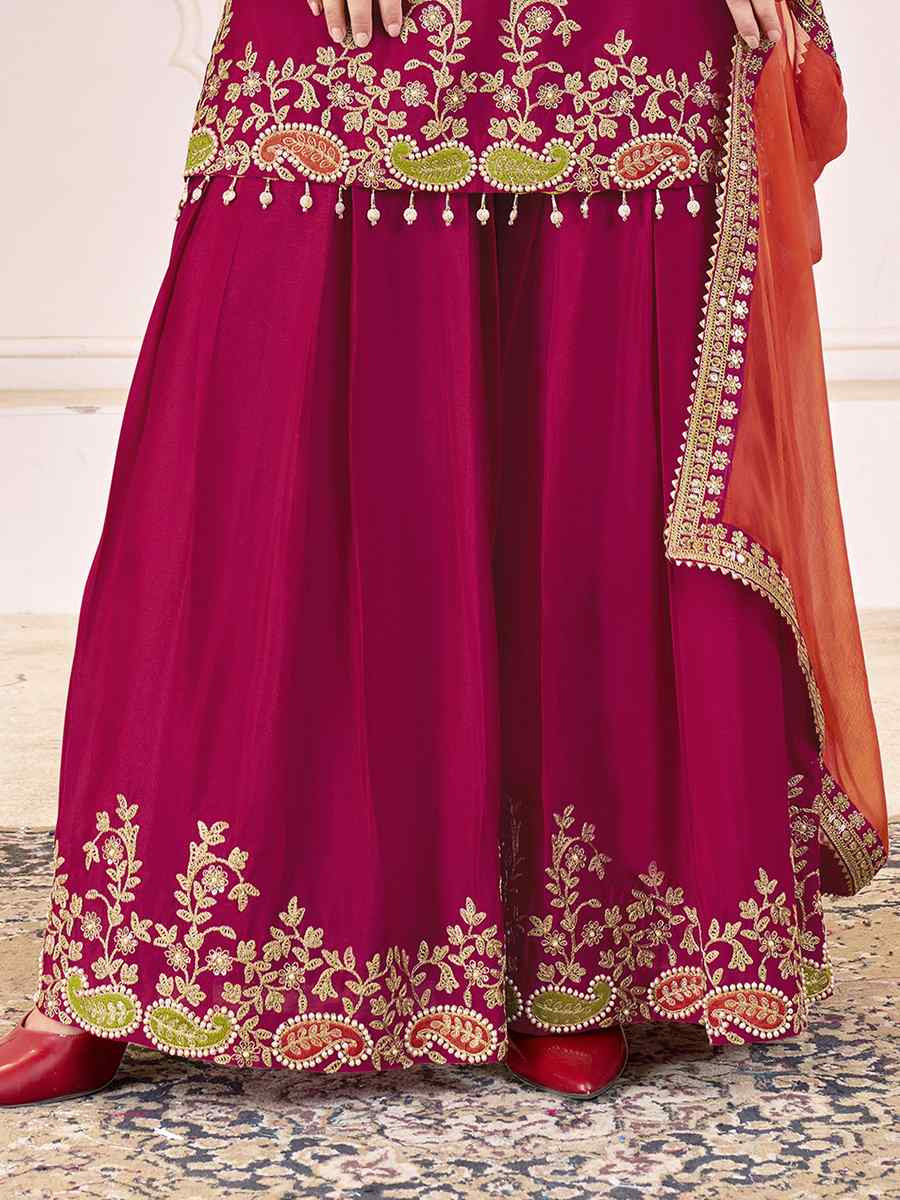 Red Premium Chinnon Embroidery Party Wedding Festival Casual Ready Palazzo Pant Salwar Kameez