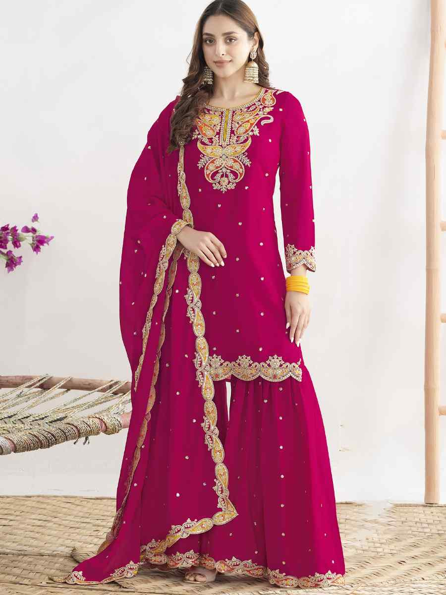 Red Premium Chinon Embroidery Party Wedding Festival Casual Ready Sharara Pant Salwar Kameez