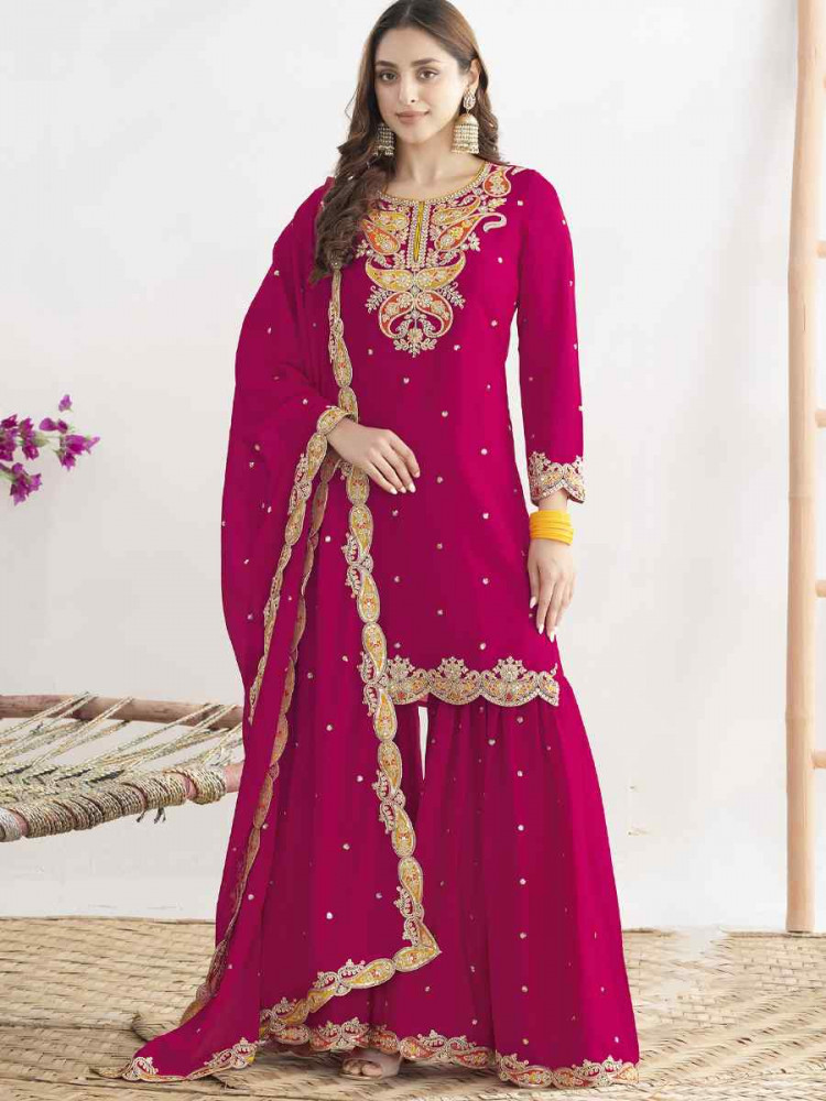 Image of Red Premium Chinon Embroidery Party Wedding Festival Casual Ready Sharara Pant Salwar Kameez