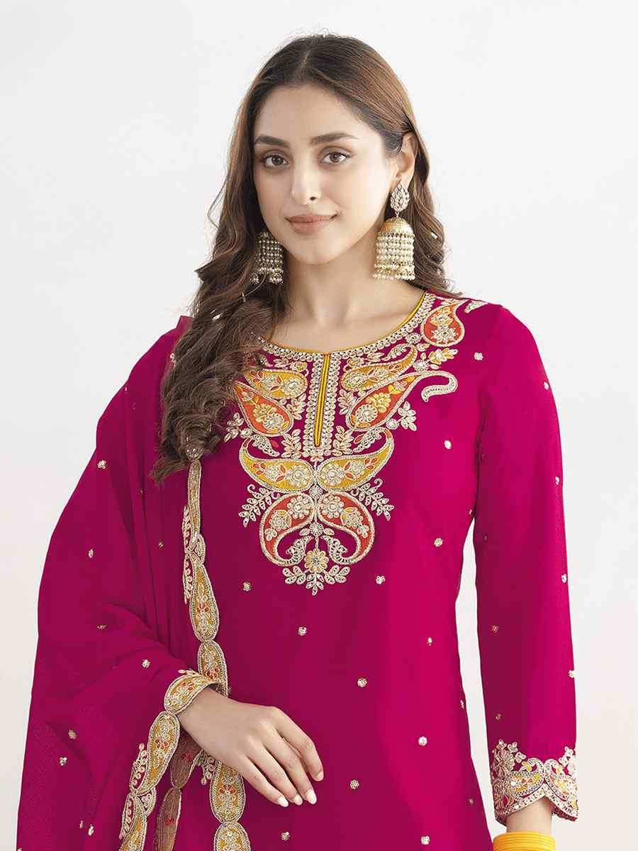 Red Premium Chinon Embroidery Party Wedding Festival Casual Ready Sharara Pant Salwar Kameez