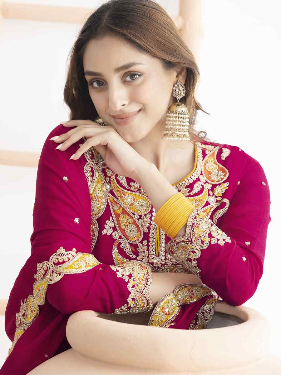 Red Premium Chinon Embroidery Party Wedding Festival Casual Ready Sharara Pant Salwar Kameez