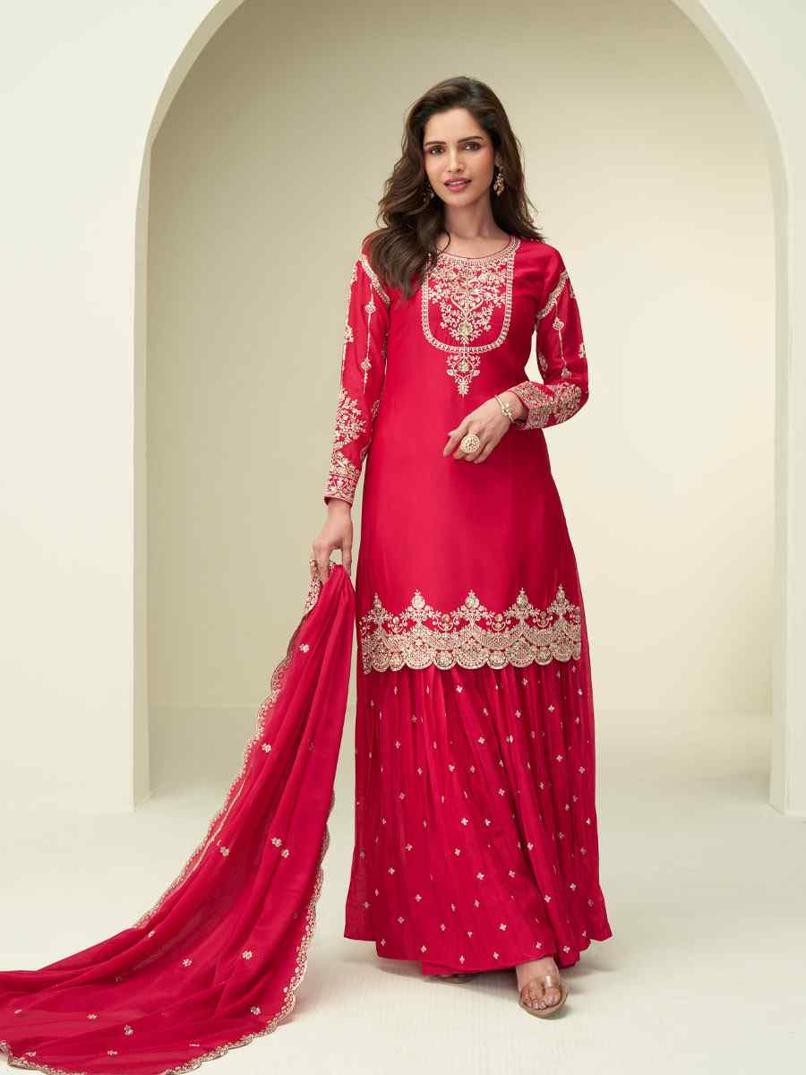 Red Premium Chinon Silk Embroidery Party Wedding Festival Casual Ready Palazzo Pant Salwar Kameez