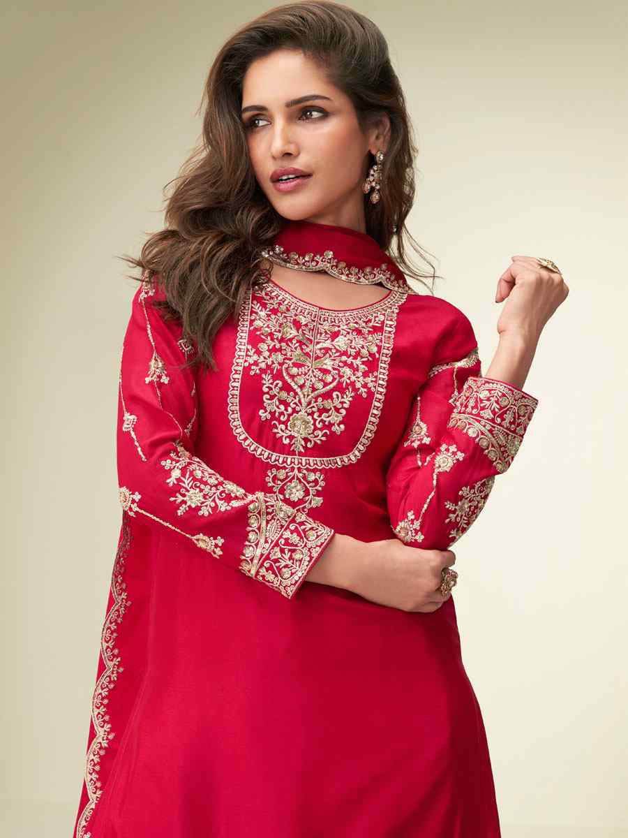 Red Premium Chinon Silk Embroidery Party Wedding Festival Casual Ready Palazzo Pant Salwar Kameez