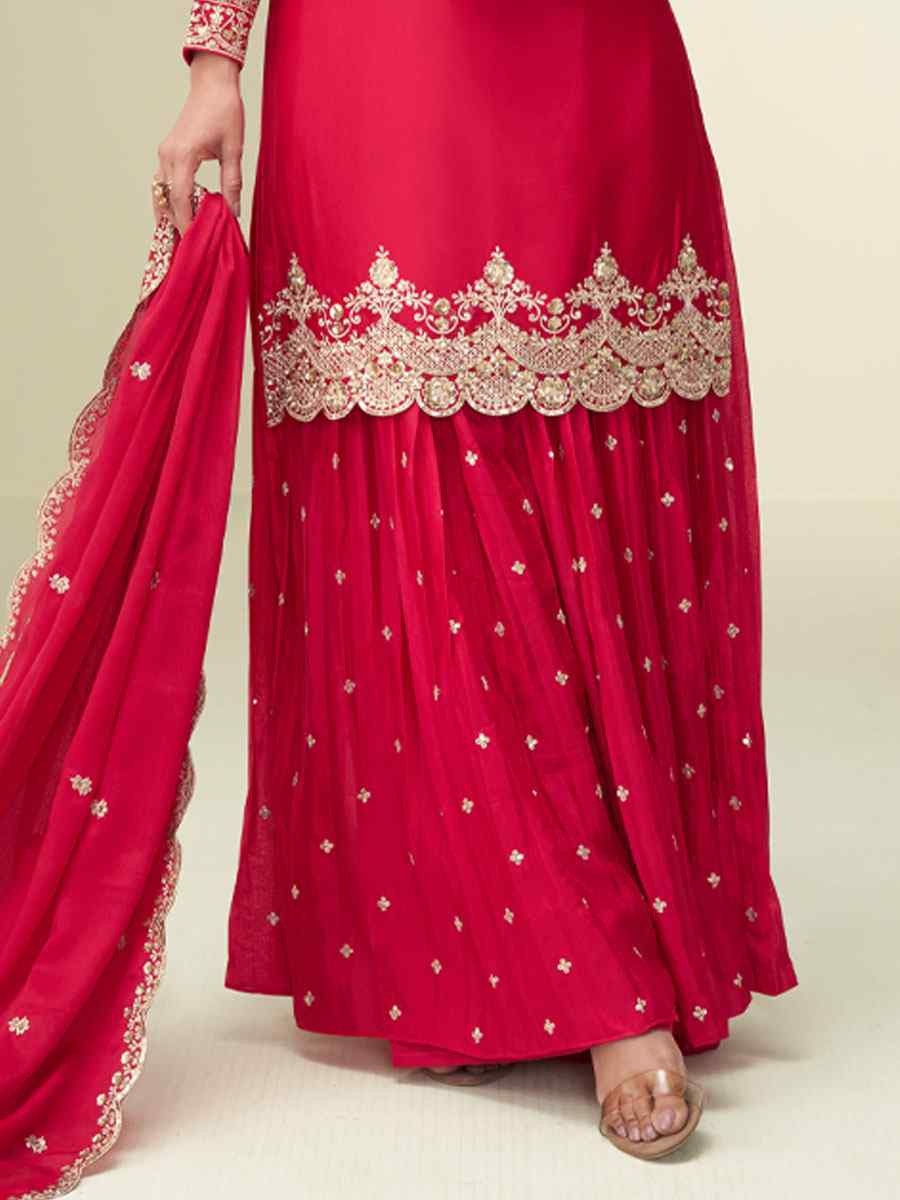 Red Premium Chinon Silk Embroidery Party Wedding Festival Casual Ready Palazzo Pant Salwar Kameez