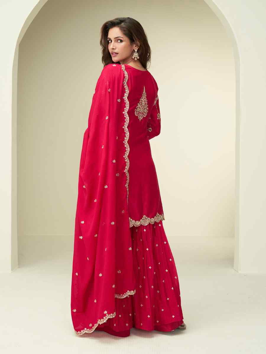 Red Premium Chinon Silk Embroidery Party Wedding Festival Casual Ready Palazzo Pant Salwar Kameez