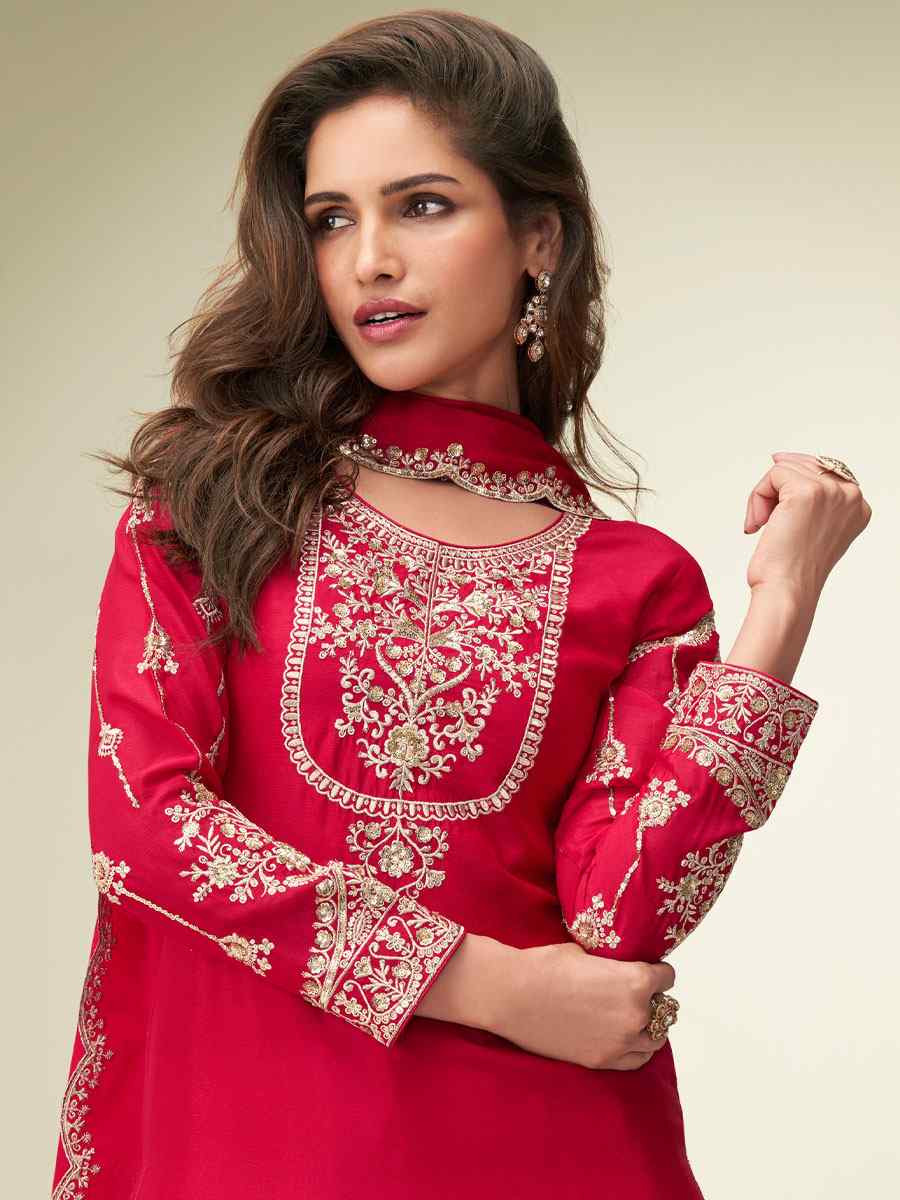 Red Premium Chinon Silk Embroidery Party Wedding Festival Casual Ready Palazzo Pant Salwar Kameez