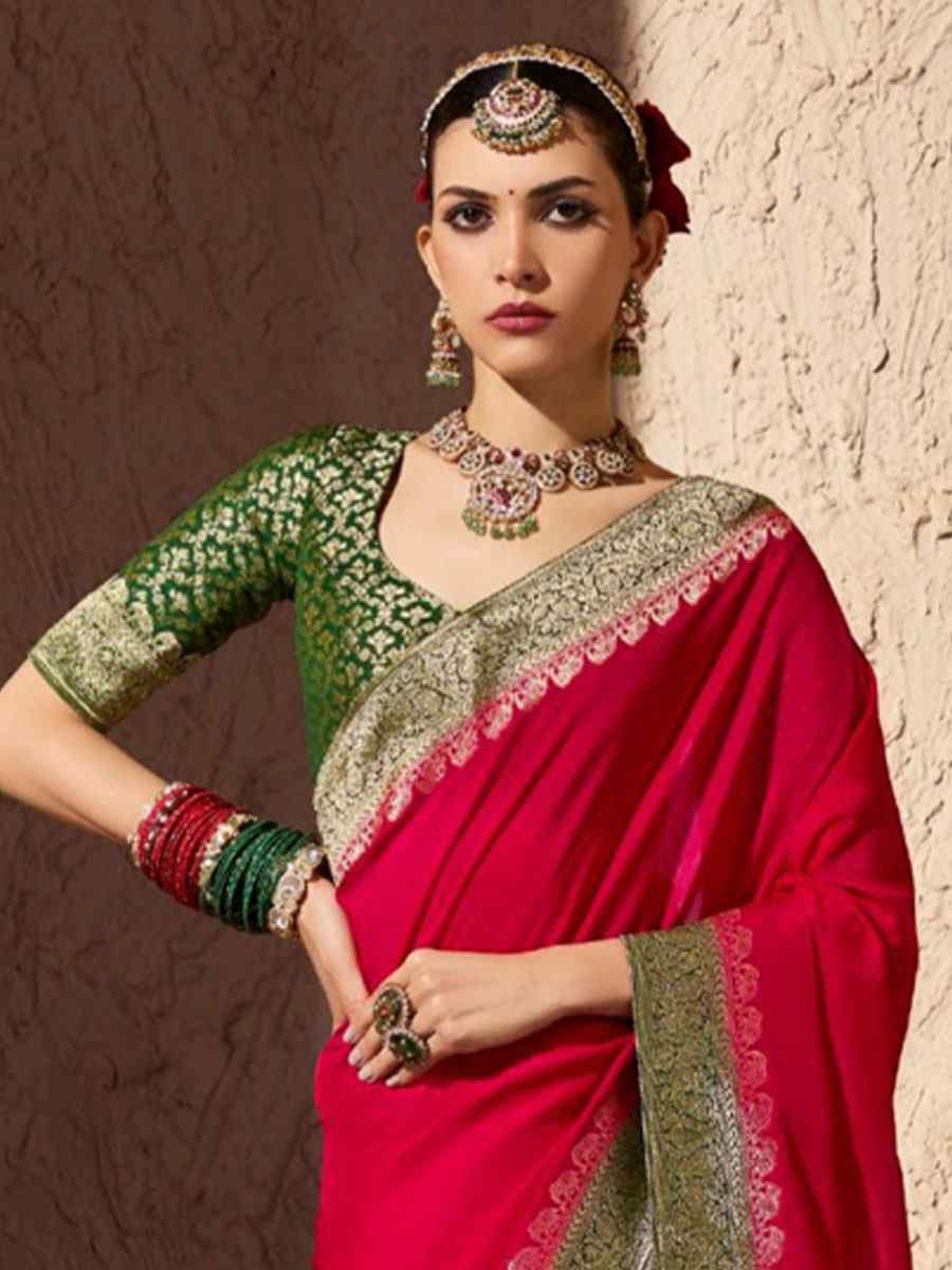 Red Premium Crepe Georgette Handwoven Traditional Bridal Reception Festival Wedding Fancy Heavy Border Saree