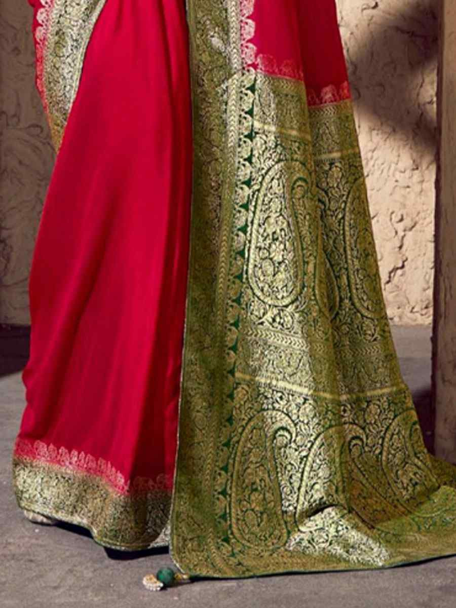 Red Premium Crepe Georgette Handwoven Traditional Bridal Reception Festival Wedding Fancy Heavy Border Saree