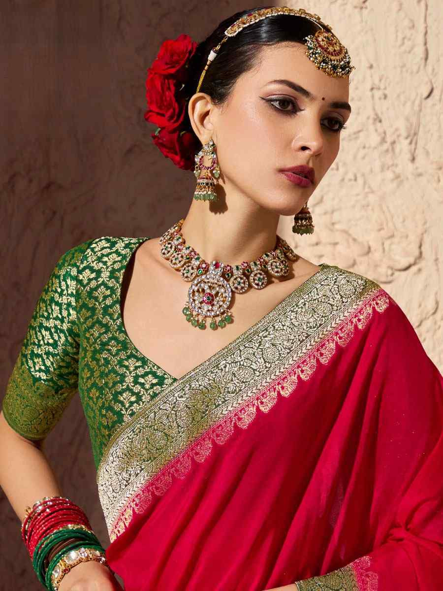 Red Premium Crepe Georgette Handwoven Traditional Bridal Reception Festival Wedding Fancy Heavy Border Saree