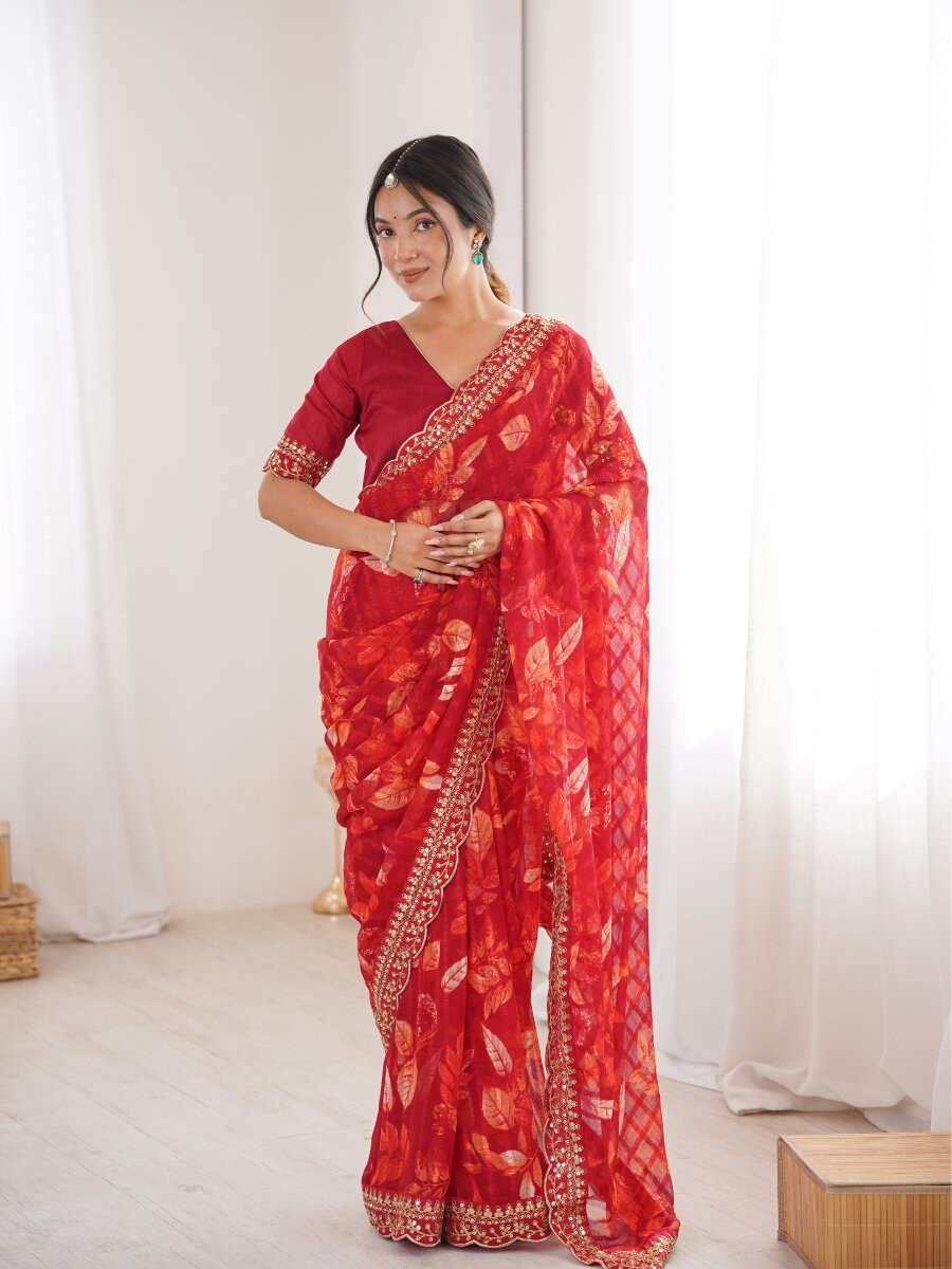 Red Premium Georgette Chiffon Embroidery Sequins Flower Printed Wedding Reception Party Festival Casual Heavy Border Sarees