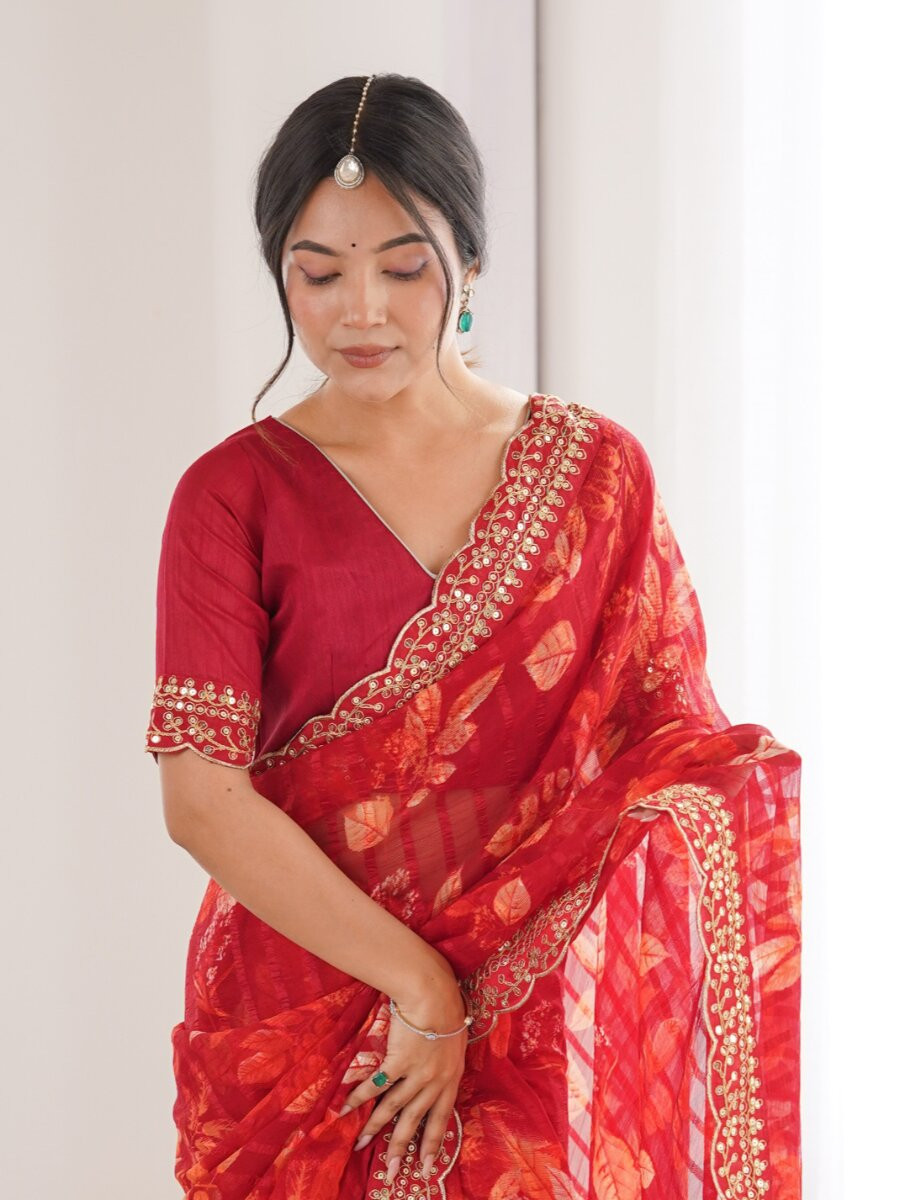 Red Premium Georgette Chiffon Embroidery Sequins Flower Printed Wedding Reception Party Festival Casual Heavy Border Sarees