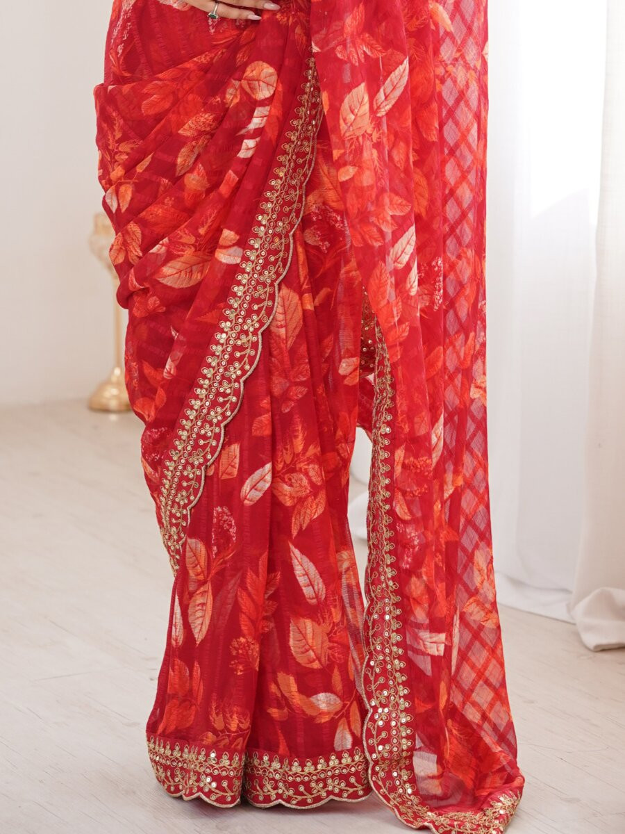 Red Premium Georgette Chiffon Embroidery Sequins Flower Printed Wedding Reception Party Festival Casual Heavy Border Sarees