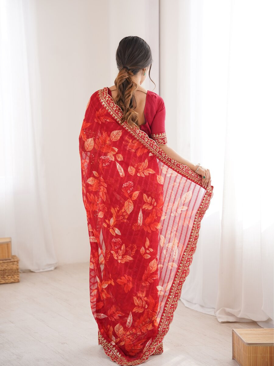 Red Premium Georgette Chiffon Embroidery Sequins Flower Printed Wedding Reception Party Festival Casual Heavy Border Sarees