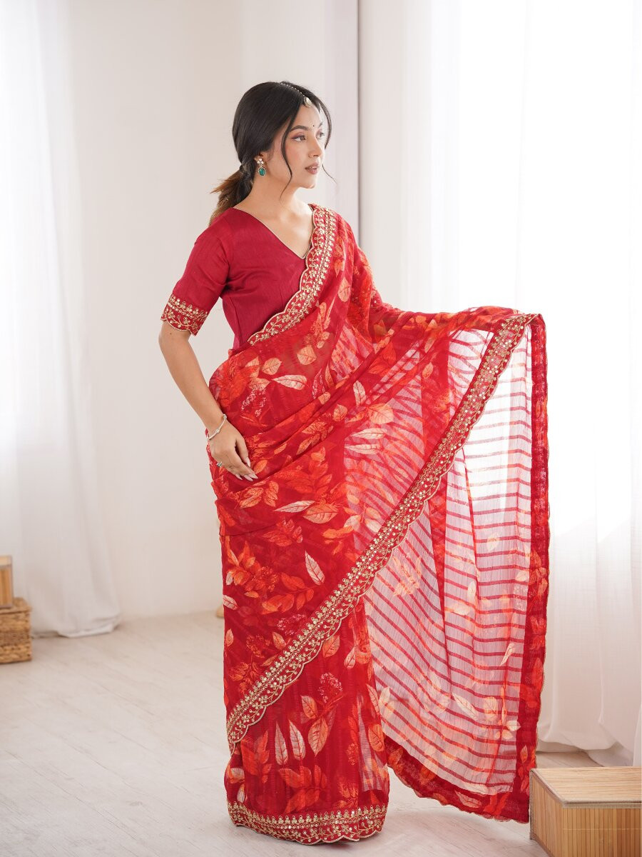 Red Premium Georgette Chiffon Embroidery Sequins Flower Printed Wedding Reception Party Festival Casual Heavy Border Sarees