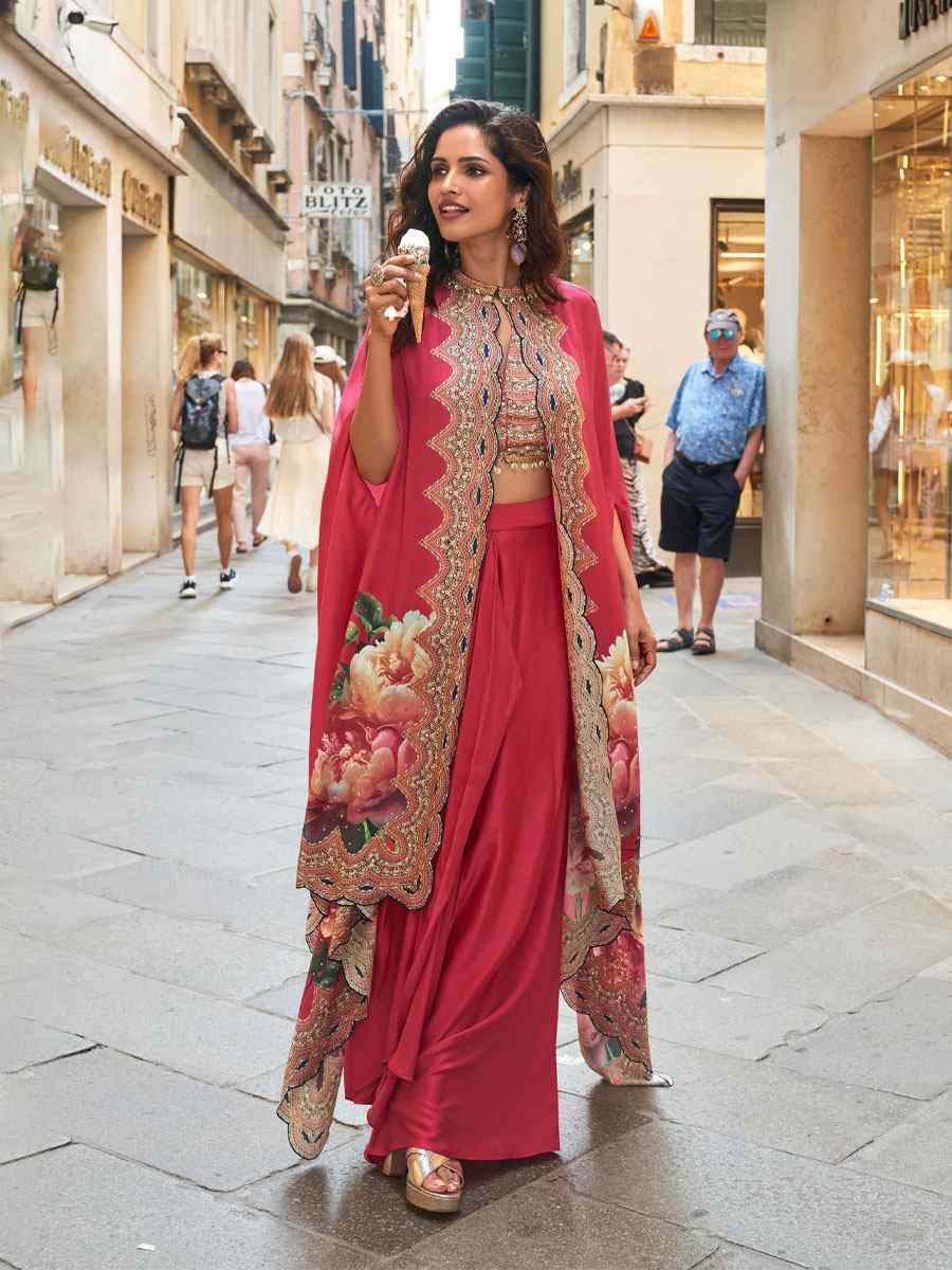 Red Premium Real French Crepe Silk Printed Embroidered Festival Casual Kurti Bottom Jacket Women Wear