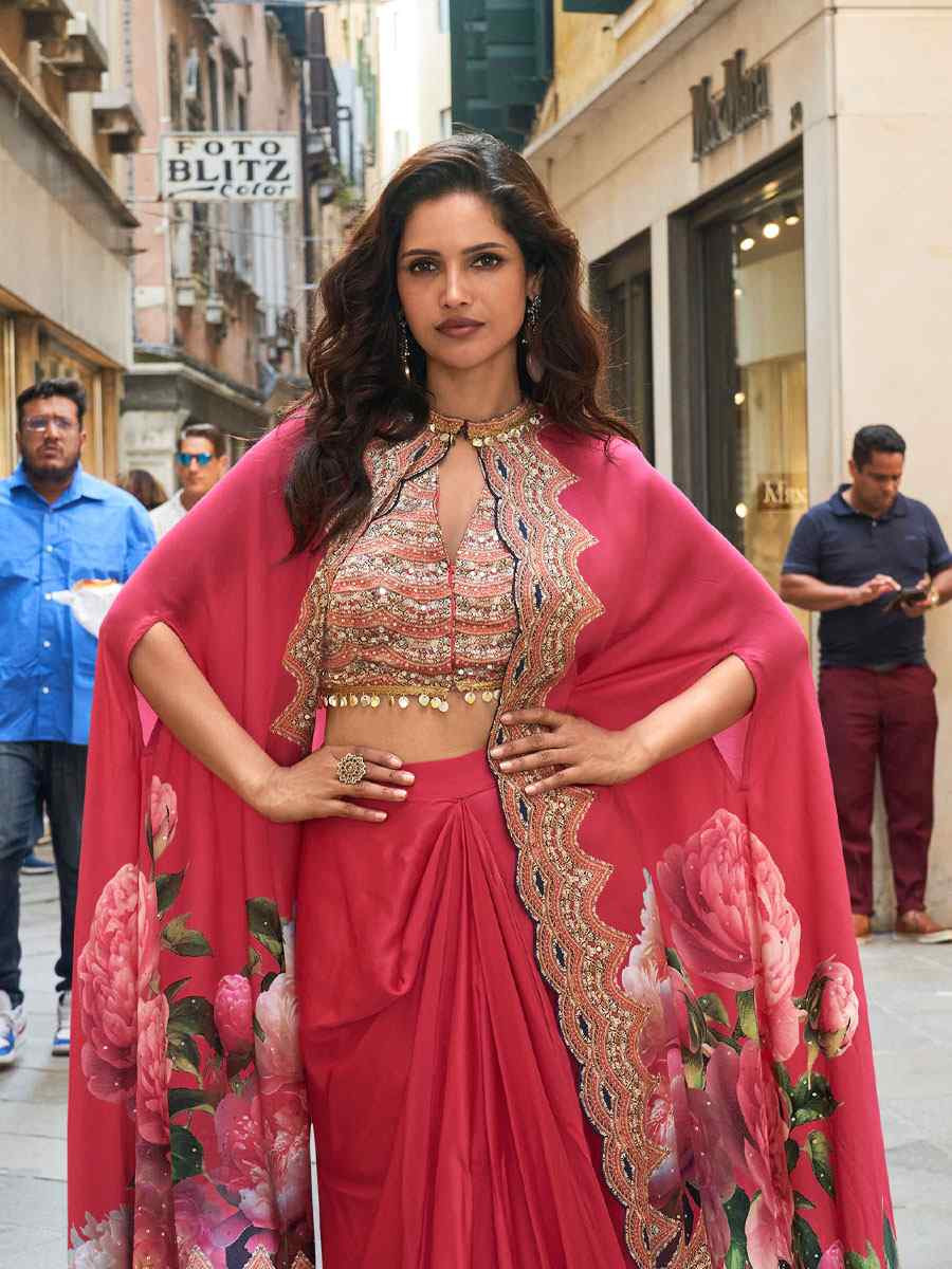 Red Premium Real French Crepe Silk Printed Embroidered Festival Casual Kurti Bottom Jacket Women Wear