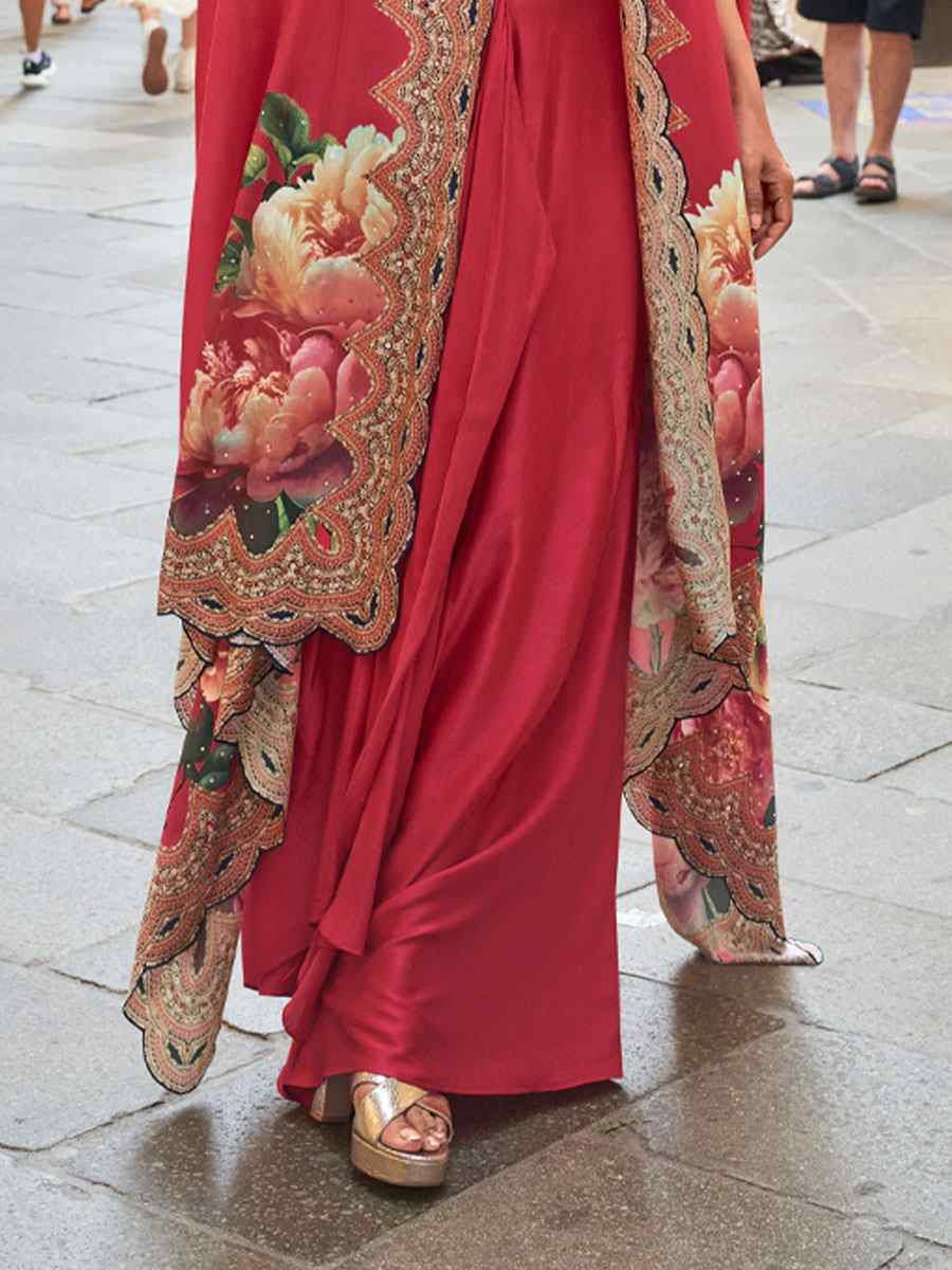 Red Premium Real French Crepe Silk Printed Embroidered Festival Casual Kurti Bottom Jacket Women Wear