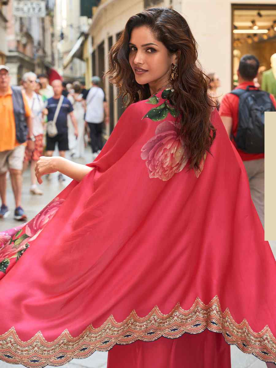 Red Premium Real French Crepe Silk Printed Embroidered Festival Casual Kurti Bottom Jacket Women Wear