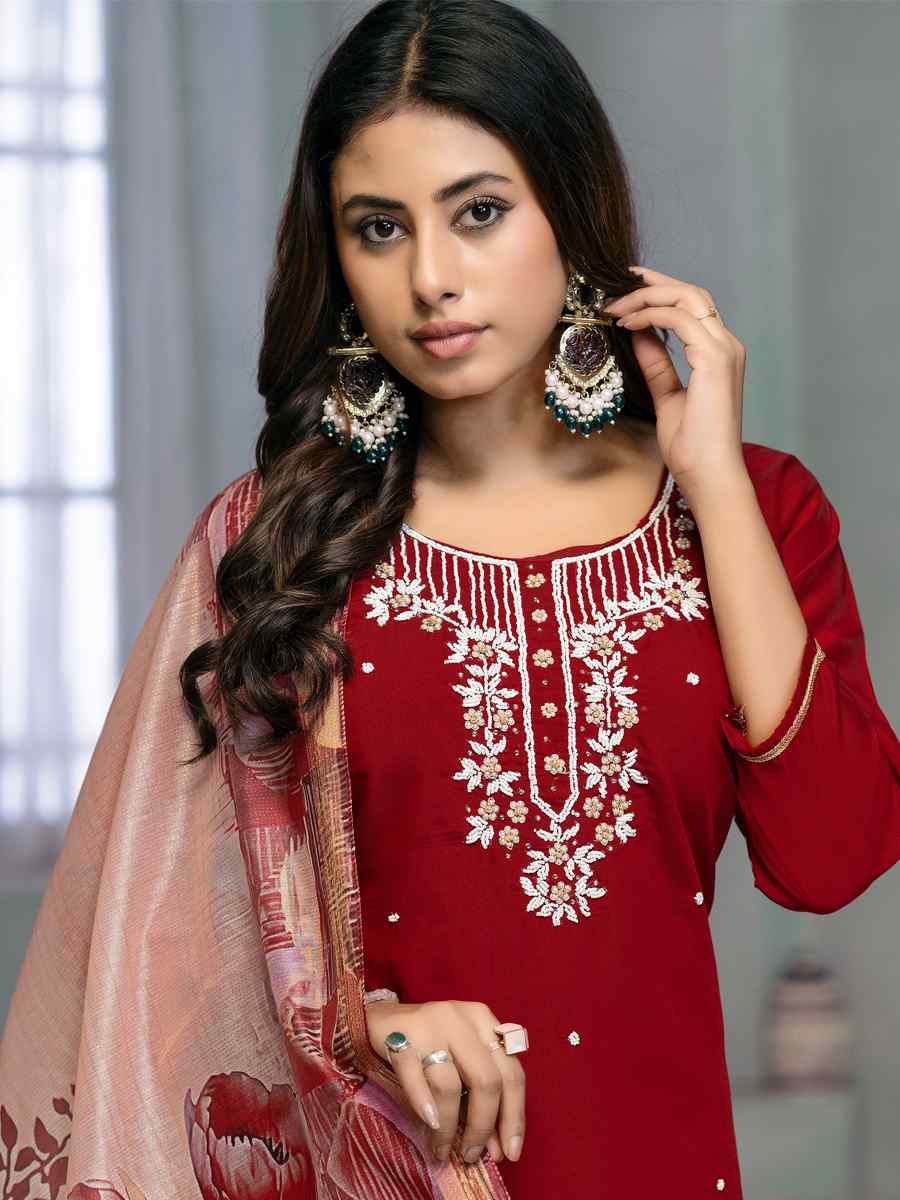Red Premium Roman Cotton Embroidered Festival Casual Ready Pant Salwar Kameez