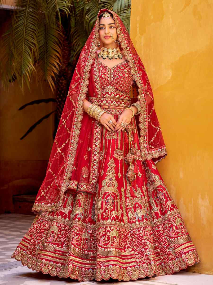 Red Premium Silk  Embroidered Bridal Wedding Reception Festival Heavy Border Lehenga Choli