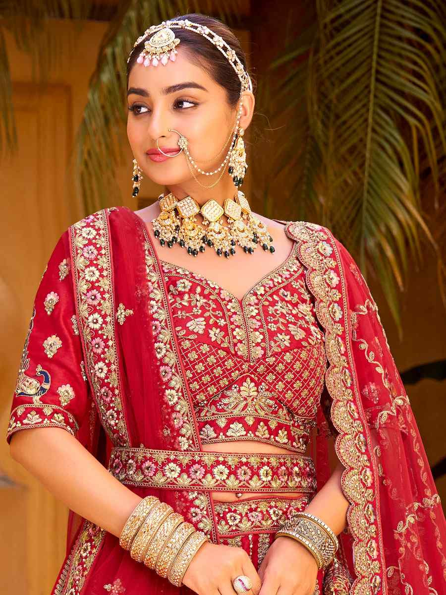 Red Premium Silk  Embroidered Bridal Wedding Reception Festival Heavy Border Lehenga Choli
