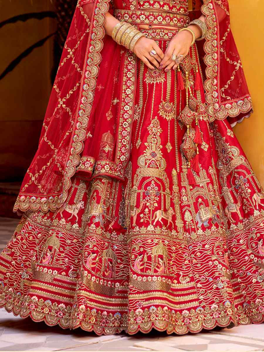Red Premium Silk  Embroidered Bridal Wedding Reception Festival Heavy Border Lehenga Choli