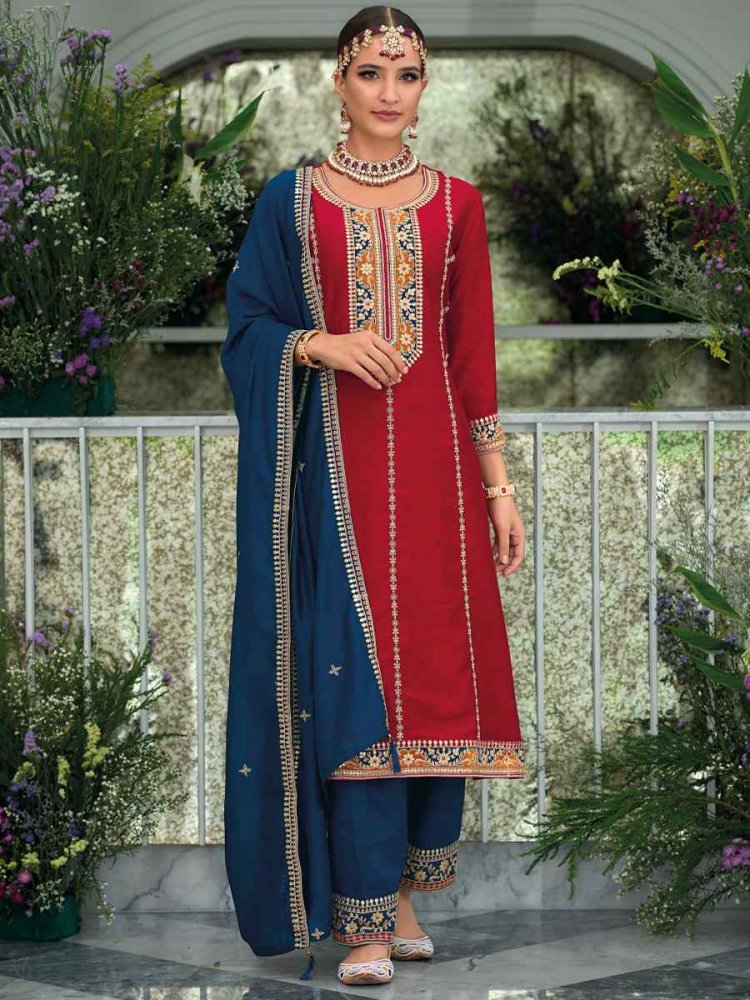 Red Premium Silk Embroidered Festival Mehendi Ready Patiala Salwar Kameez