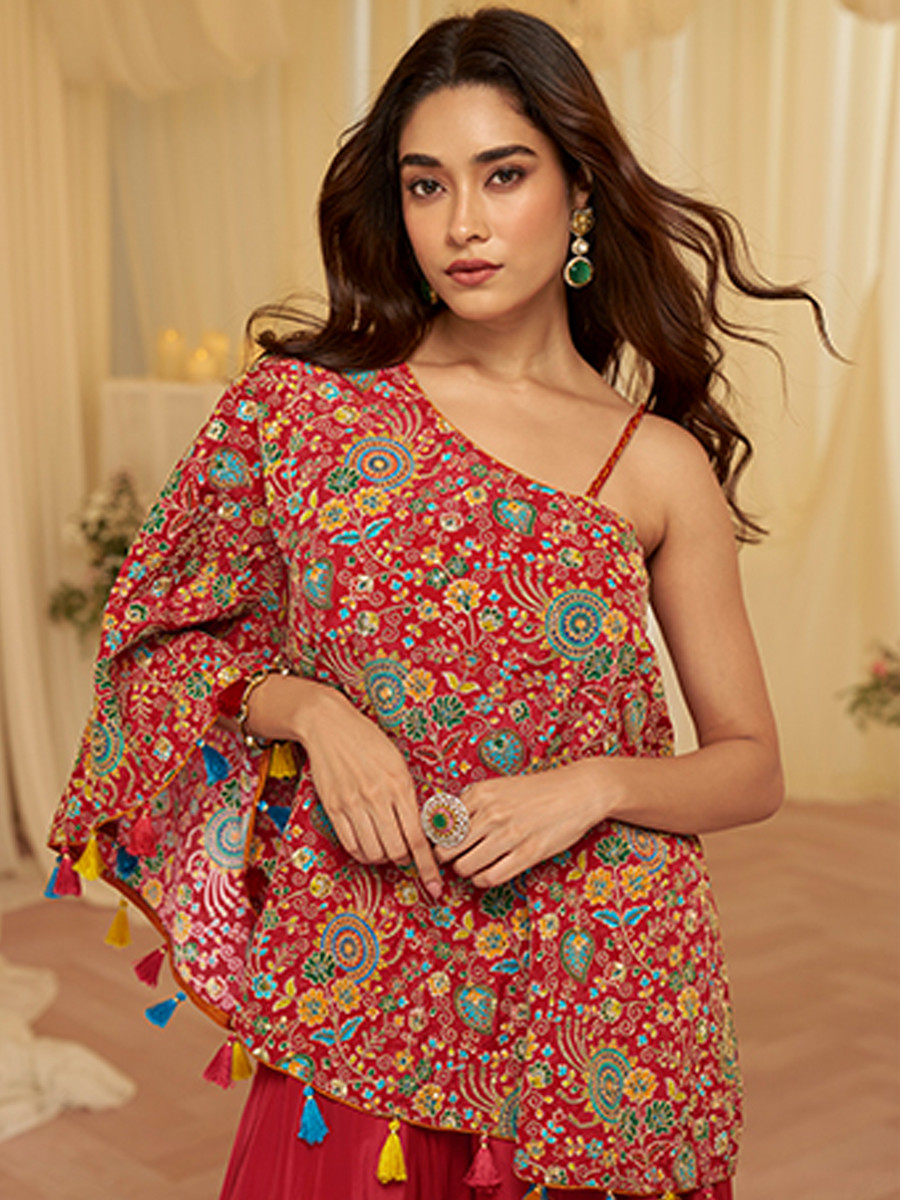 Red Premium Viscose Natural Crepe Printed Casual Party Wear Ready Kurti Bottom Women Wear