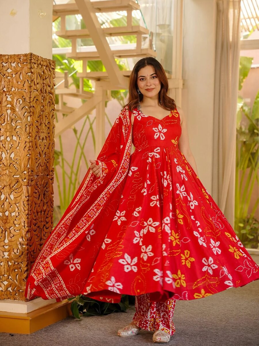 Red Printed Wedding Party Festival Casual Ready Anarkali Palazzo Pant Salwar Kameez