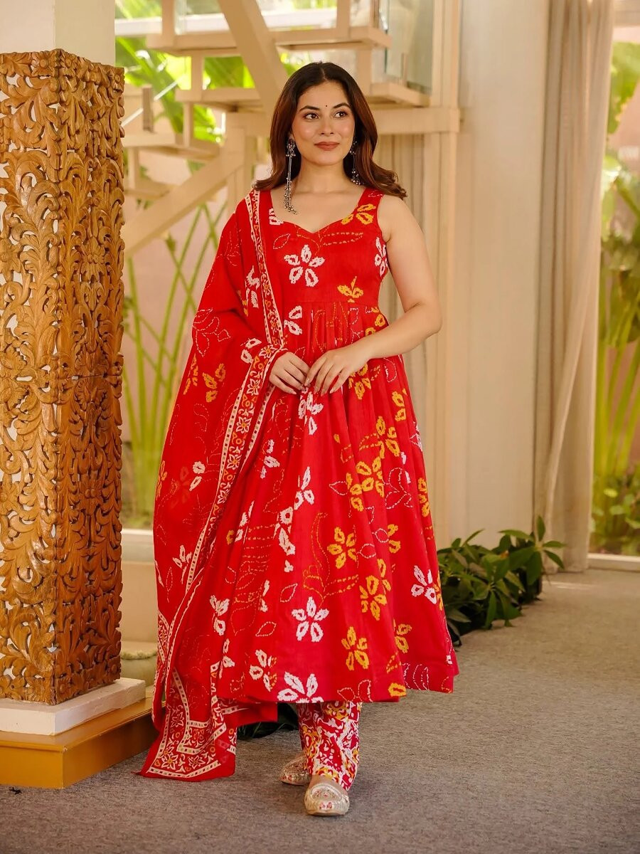 Red Printed Wedding Party Festival Casual Ready Anarkali Palazzo Pant Salwar Kameez