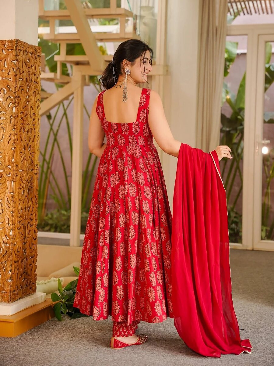 Red Printed Wedding Party Festival Casual Ready Anarkali Pant Salwar Kameez