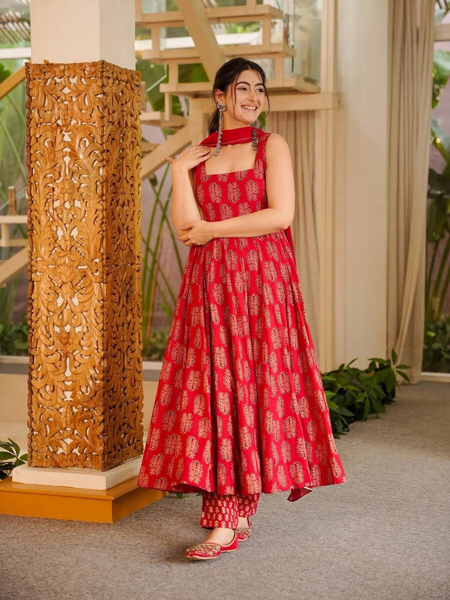 Red Printed Wedding Party Festival Casual Ready Anarkali Pant Salwar Kameez