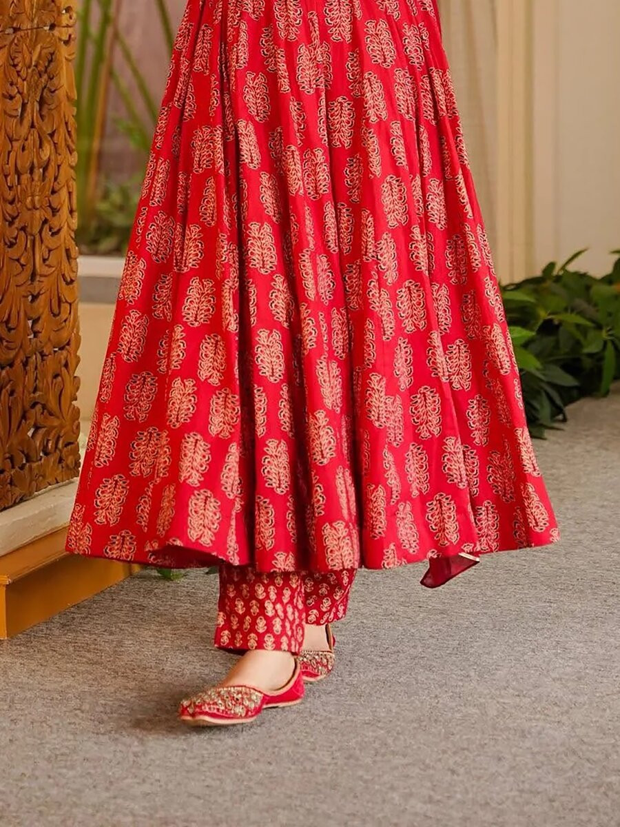 Red Printed Wedding Party Festival Casual Ready Anarkali Pant Salwar Kameez